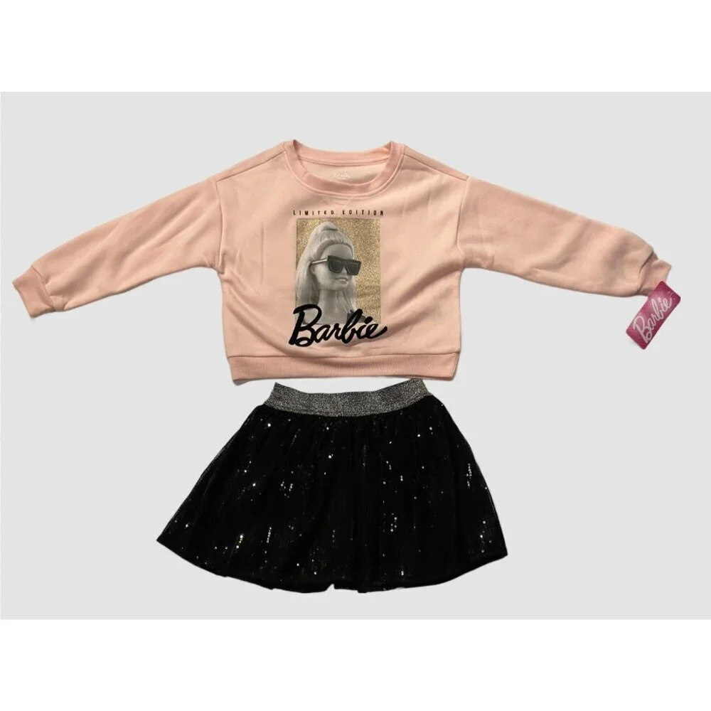 Barbie Girls Size 4/5 2PC Outfit NWT Pink Cozy Sweatshirt Black Tutu Skirt